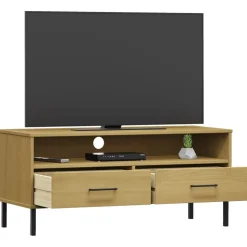 vidaXL Tv-bänk med metallben OSLO brun massiv furu