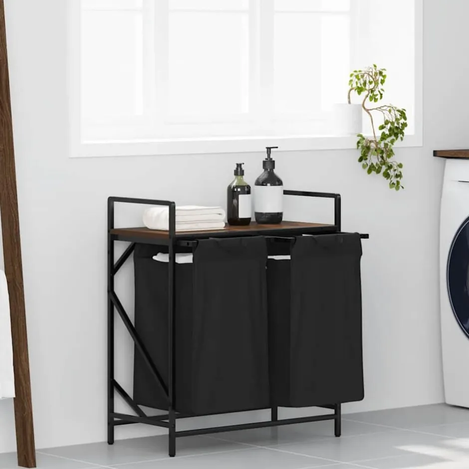New vidaXL Tvättkorg 2 fack med hylla brun ek