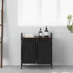 New vidaXL Tvättkorg 2 fack med hylla brun ek