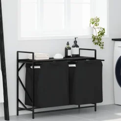 Hot vidaXL Tvättkorg 2 fack med hylla Svart ek