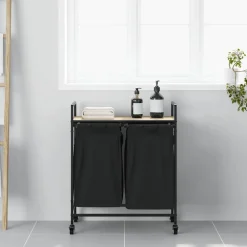 vidaXL Tvättkorg 2 fack med hjul sonoma-ek