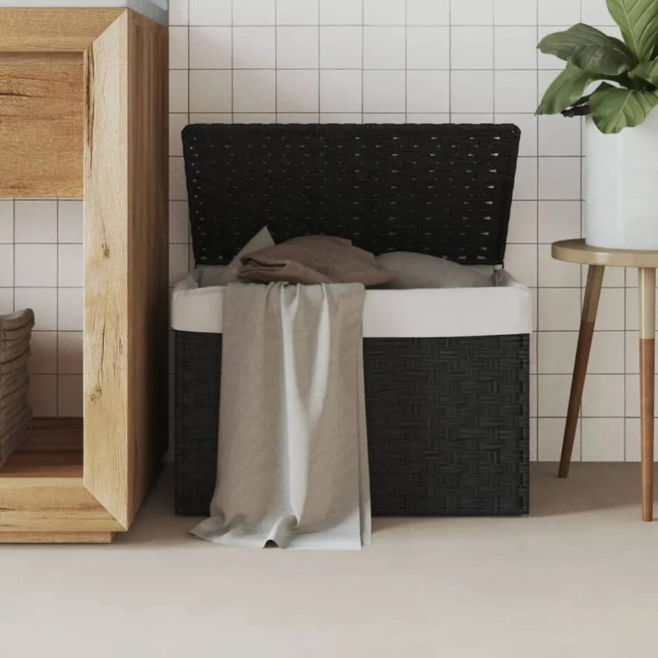 Online vidaXL Tvättkorg med lock 55,5x35x34 cm konstrotting Svart