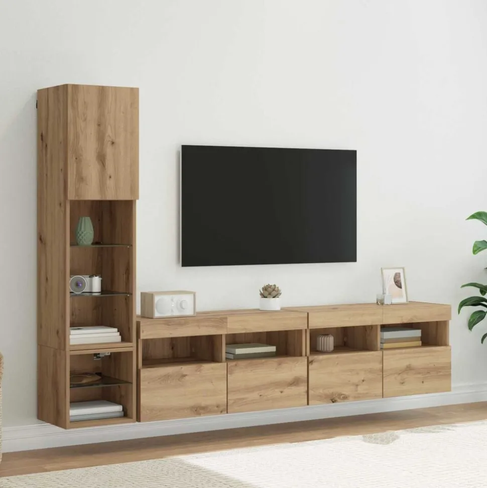 vidaXL TV-väggmodul med led 4 pcs Artisan Ek Konstruerat trä