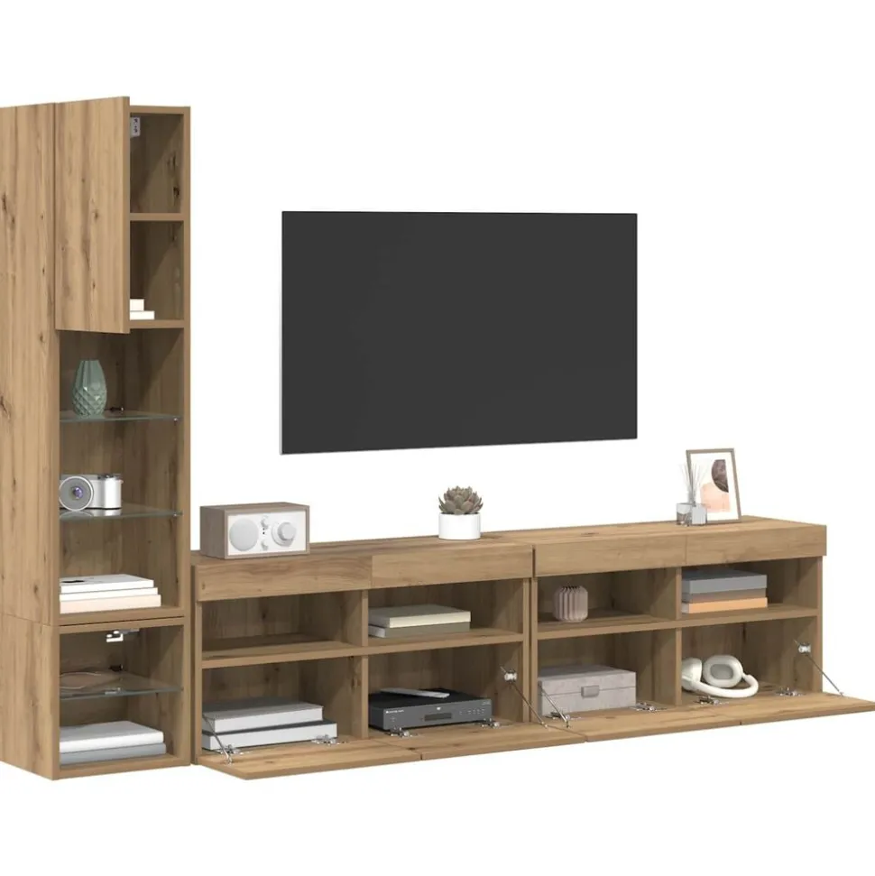 vidaXL TV-väggmodul med led 4 pcs Artisan Ek Konstruerat trä