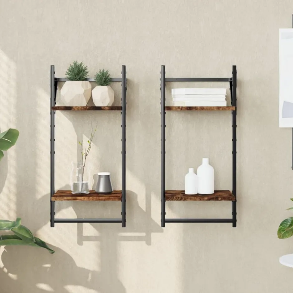 Sale vidaXL Vägghyllor 2-plan med stänger 2 st 30x25x65 cm Rökfärgad ek
