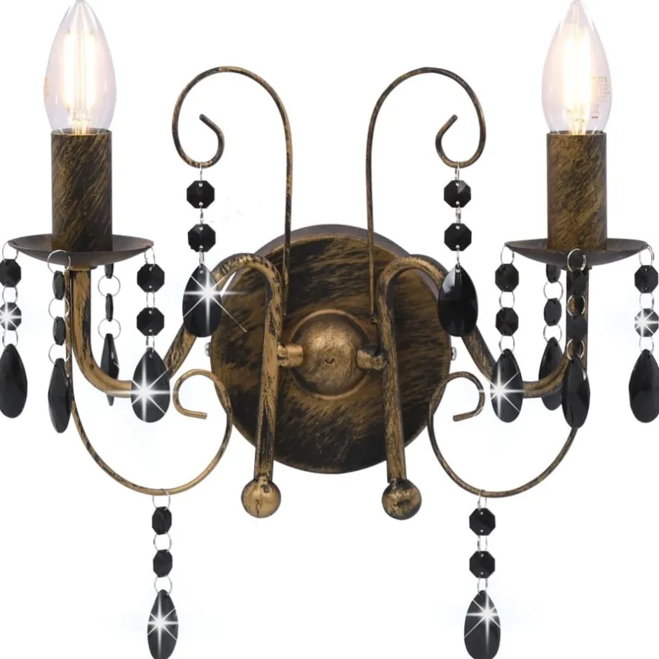 New vidaXL Vägglampa med pärlor antik 2 x E14-glödlampor Svart