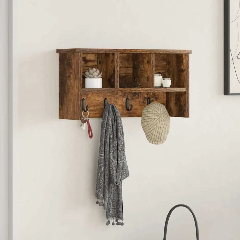 Best vidaXL Väggmonterad Klädhängare med hylla Rökt ek 50 x 16 x 26 cm Rökfärgad ek