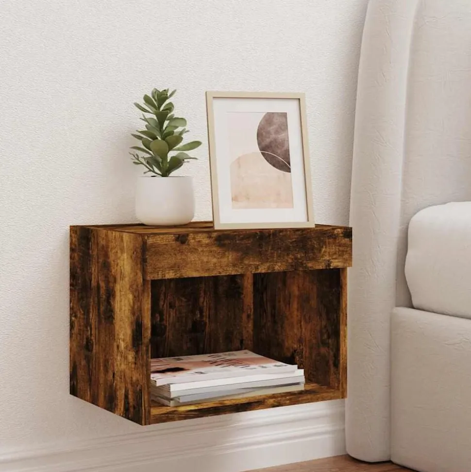 vidaXL Väggmonterade sängbord med LED-lampor 2 st rökfärgad ek