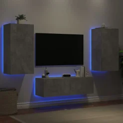 vidaXL Väggmonterade TV-skåp 3 delar LEDs betonggrå