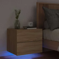 vidaXL Väggmonterat sängbord med LED-lampor sonoma-ek
