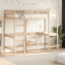 Clearance vidaXL Våningssäng med skrivbord 100x200 cm massiv furu Naturfärg