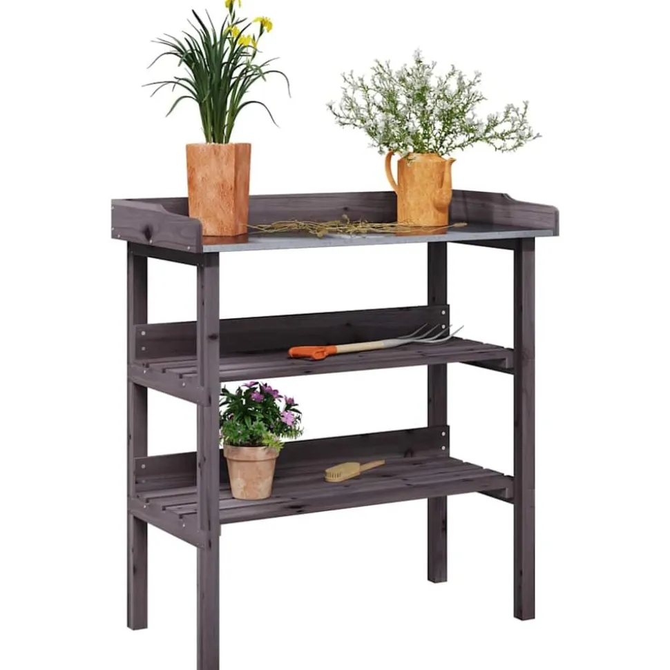 vidaXL Växtbord med hyllor grå 78x38x82,5 cm massivt granträ